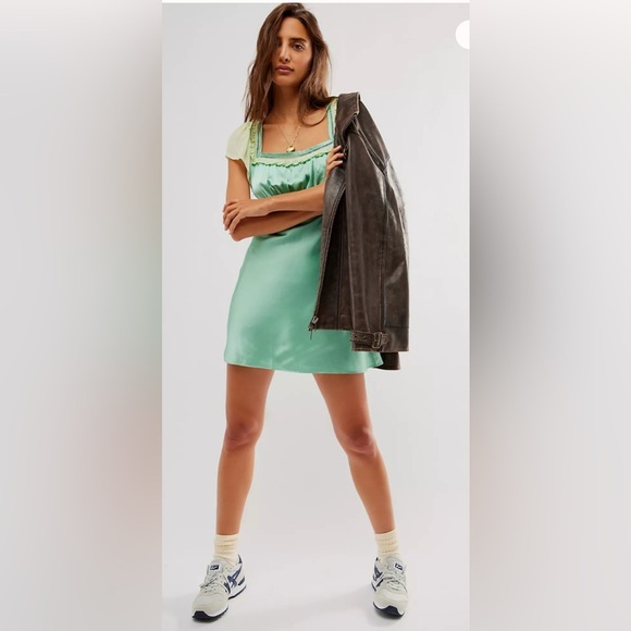 Free People Violet Visions Satin Mini Dress - Mint Green - Size 4 - Picture 1 of 9